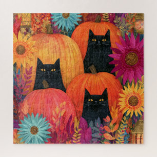 Aufmerksame schwarze Katze Herbst-Kürbis-Patch
