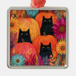 Aufmerksame schwarze Katze Herbst-Kürbisfeld Ornament Aus Metall