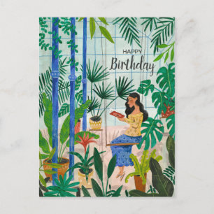 Aufmerksames blaues Gewächshaus Pflanzen Mädchen l Postkarte