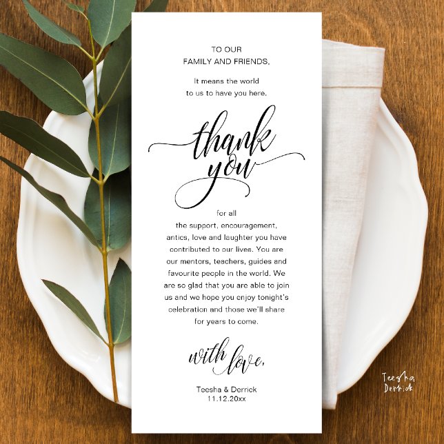 Aufnahmeplatz für Hochzeiten dank Karte (Modern Script Wedding Guest Dinner Reception Brunch Lunch Thank You Card in Black and White)