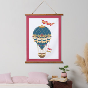 Aufregender farbenfroher Steampunk Heißluftballon Wandteppich Mit Holzrahmen
