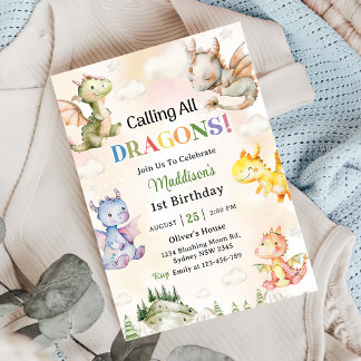 Aufruf aller Drachen Wasserfarbe 1. Geburtstag Einladung