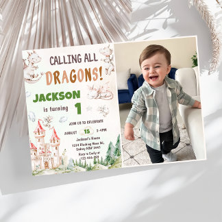 Aufruf aller Drachen Wasserfarbe 1. Geburtstag Fot Einladung
