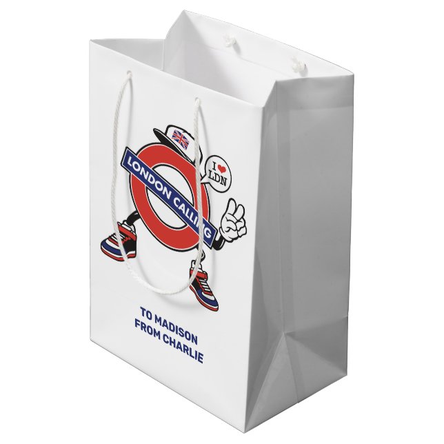 Aufruf von benutzerdefinierten Texten in London Mittlere Geschenktüte (Rückseite Schrägansicht)