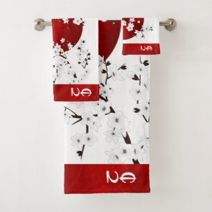 Aufstieg Sun Cherry Blossom   Red White Monogram Badhandtuch Set
