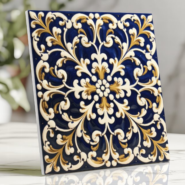 Aufwendige blaue und goldene Ornamentik Fliese (Von Creator hochgeladen)