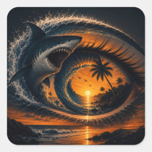 Auge der Welle – Surrealer Hai Ozean Sonnenunterga Quadratischer Aufkleber