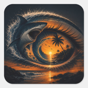 Auge der Welle – Surrealer Hai-Sonnenuntergang Quadratischer Aufkleber