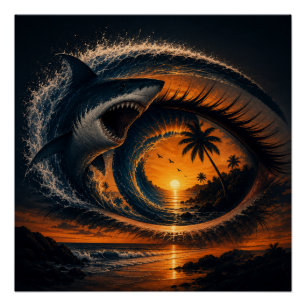 Auge der Welle – Surrealer Hai-Sonnenuntergangs-Po Poster