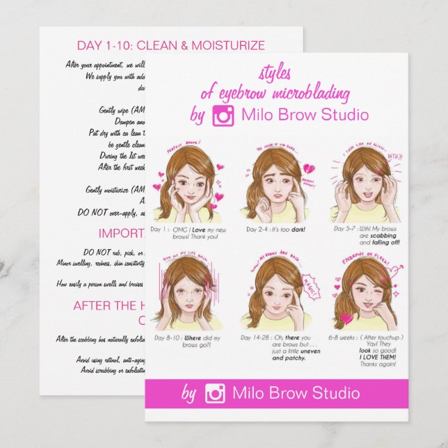 Augenbrauenmikroblading Aftercare Instruction Pink Einladung (Vorne/Hinten)