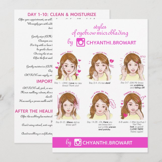 Augenbrauenmikroblase Aftercare Instruction Pink Einladung (Vorne/Hinten)