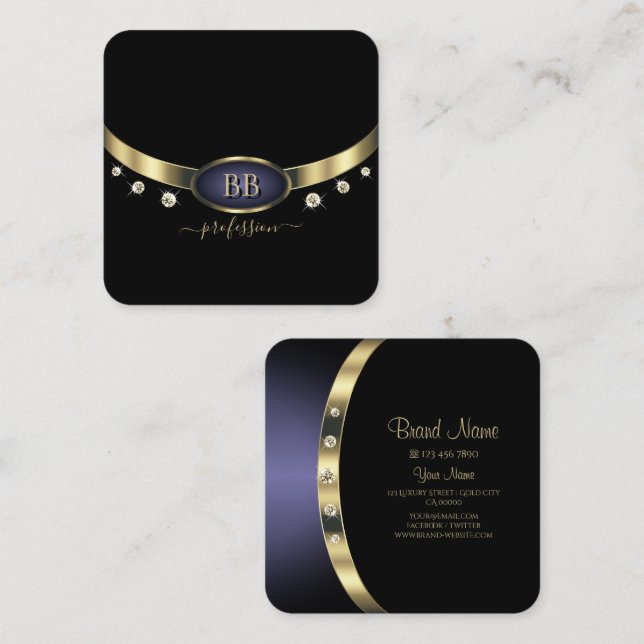 Augenfänge Gold Blue Black Initials Rhinestones Quadratische Visitenkarte (Vorne/Hinten)