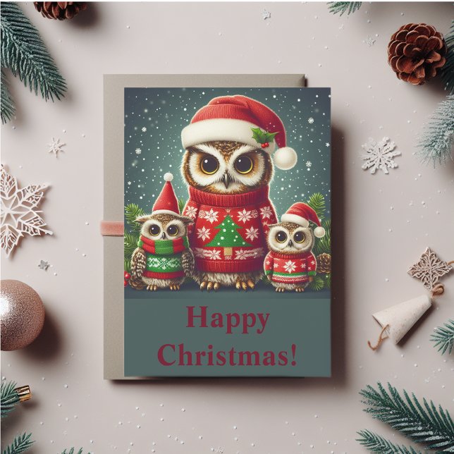 Augenspass Feiertagskarte (Cute owls in Christmas sweaters and Christmas hats. You can personalize the message.)