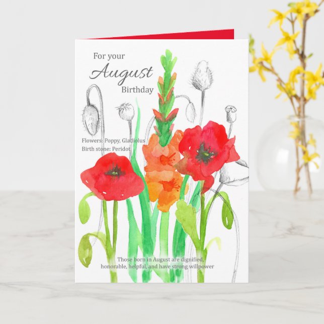 August Birthday Gladiolus Red Poppy Birth Blume Karte (Gelbe Blume)