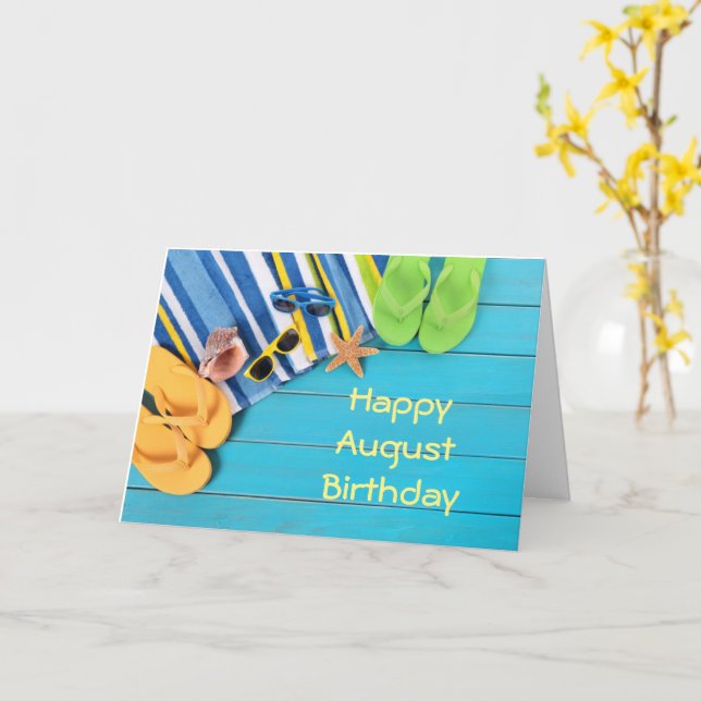 **AUGUST GEBURTSTAG** UND STRANDTAG WÜNSCHEN KARTE (Gelbe Blume)