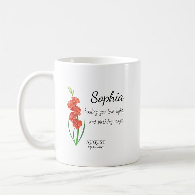 August Gladiolus Personalisierter Geburtstag Kaffeetasse (Links)