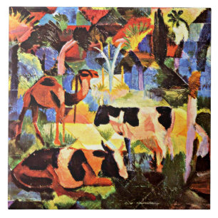 August Macke - Landschaft mit Kühen und einem Kame Fliese