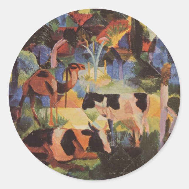 August Macke Landschaft mit Kühen und Kamel Runder Aufkleber (Vorderseite)