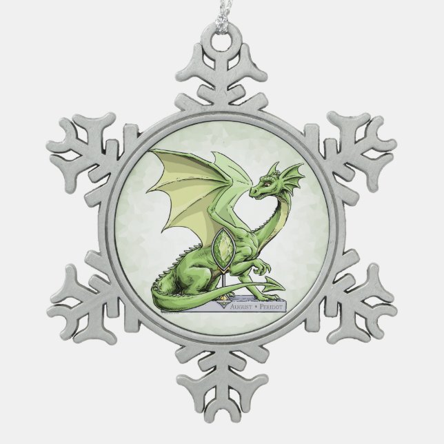 Augusts Geburtssteingebürgerdrache: Peridot Schneeflocken Zinn-Ornament (Vorderseite)