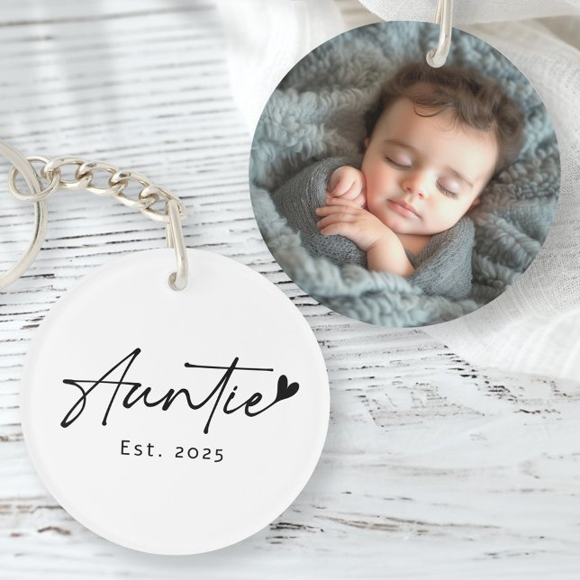 Auntie Est année manuscrite écriture coeur photo (Auntie Est year handwritten script heart photo Keychain)