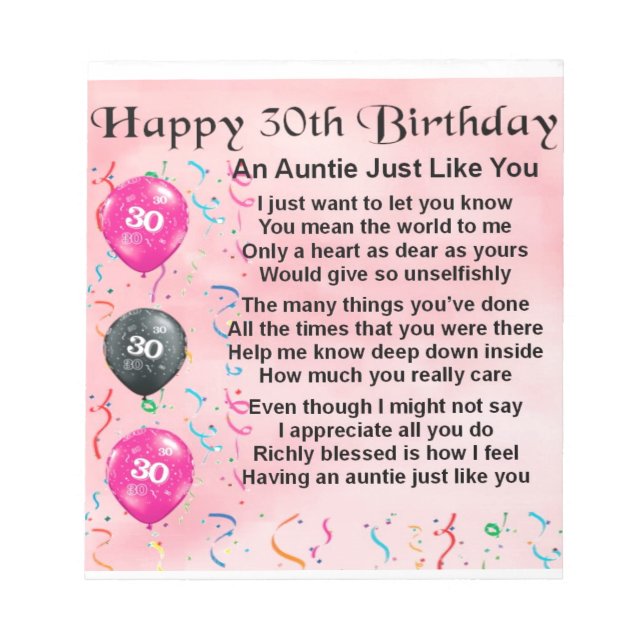 Auntie Gedicht 30. Geburtstag Notizblock (Vorderseite)