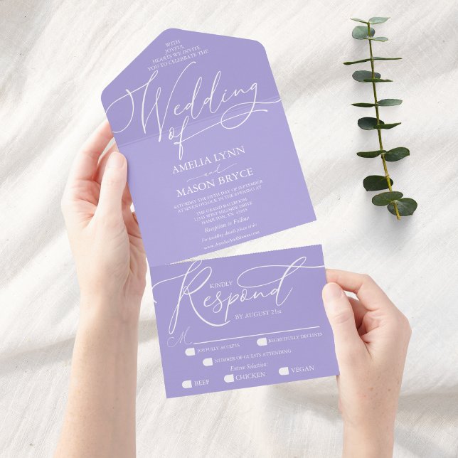 Aura Indigo und White Calligraphy Script Wedding All In One Einladung (Aura Indigo Elegant Script Calligraphy Wedding Invitation All in One)