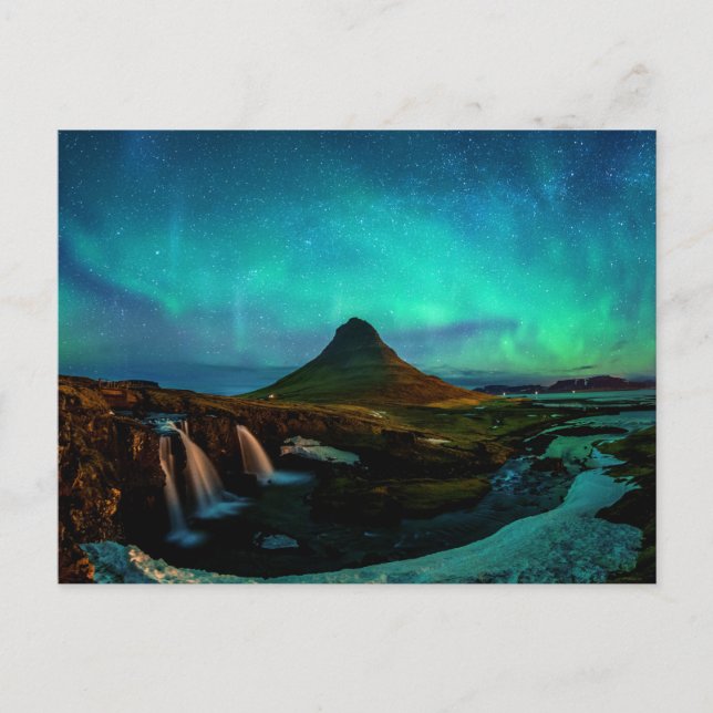 Aurora Borealis am Kirkjufell Mountain in Island Postkarte (Vorderseite)
