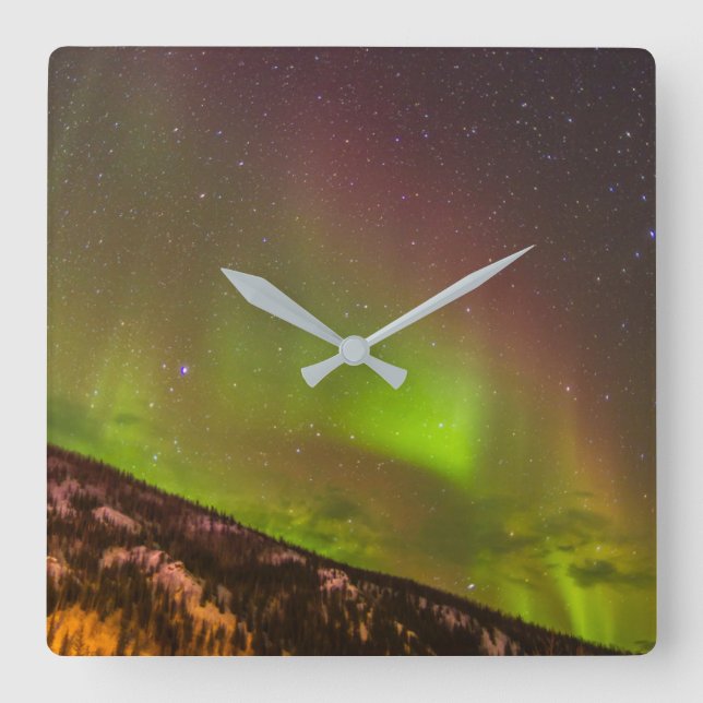 Aurora Borealis | Berge Fairbanks Alaska Quadratische Wanduhr (Vorderseite)