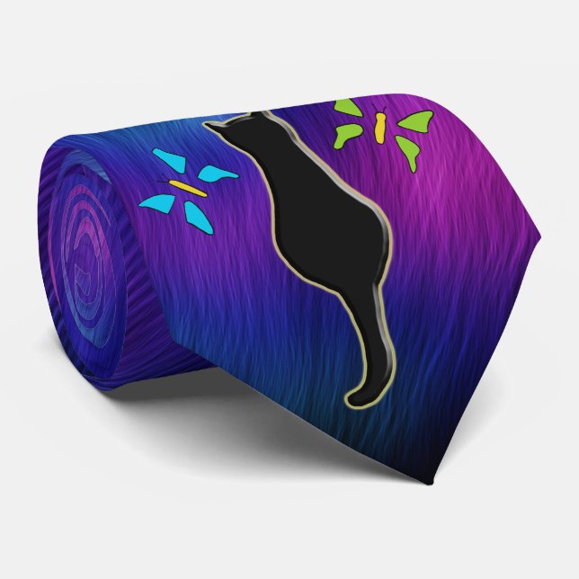 Aurora Borealis & Black Cat Silhouette & Butterfly Krawatte (Gerollt)