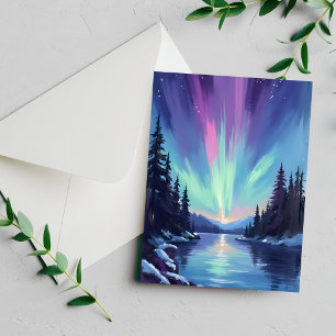 Aurora Borealis Nordlicht Aquarellkarte