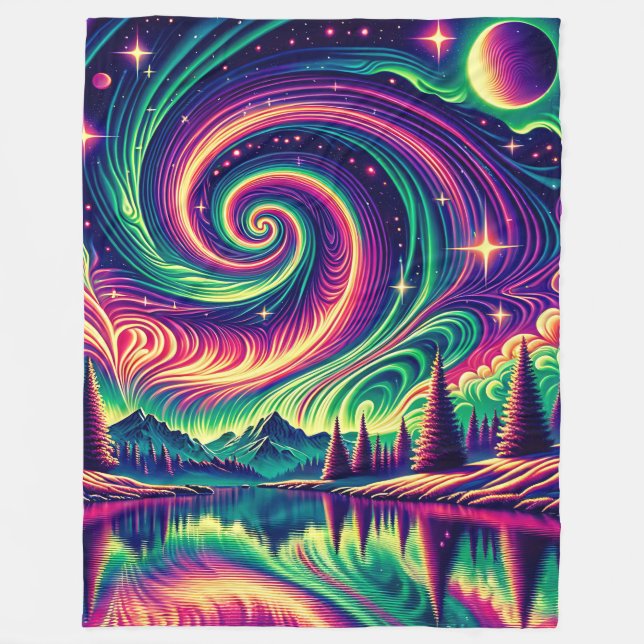 "Aurora Borealis Over Reflective Lake" Fleecedecke (Vorderseite)