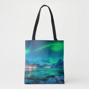 Aurora borealis über der Meeresküste, schneebedeck Tasche