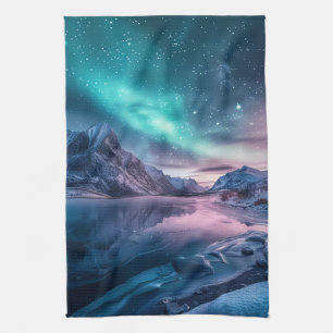 Aurora Borealis Über die verschneiten Berglandscha Geschirrtuch