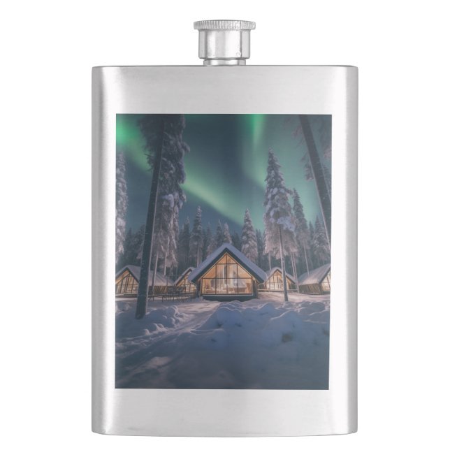 Aurora borealis über Winterkabine Flachmann (Vorderseite)