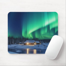 Aurora borealis über Winterkabine Mousepad