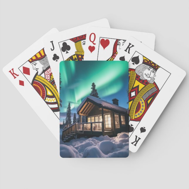 Aurora borealis über Winterkabine Spielkarten (Rückseite)