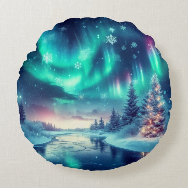aurora borealis/Weihnachten/Winter Rundes Kissen (Vorderseite)