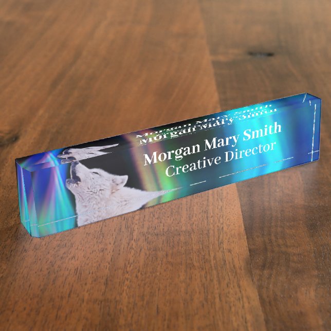 Aurora Borealis Wolf Song | Rainbow Desenplate Namensplakette (Seite)