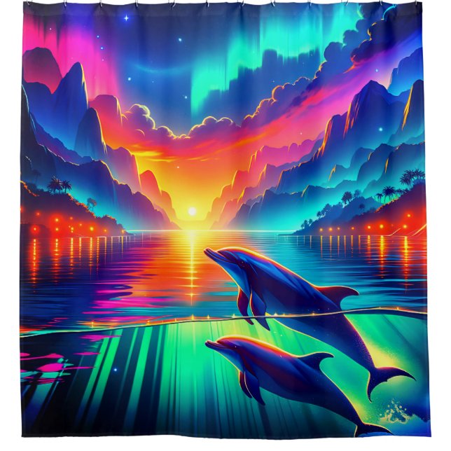 "Aurora Dolphin Sunset - Vibranno Ocean Art" Duschvorhang (Vorderseite)