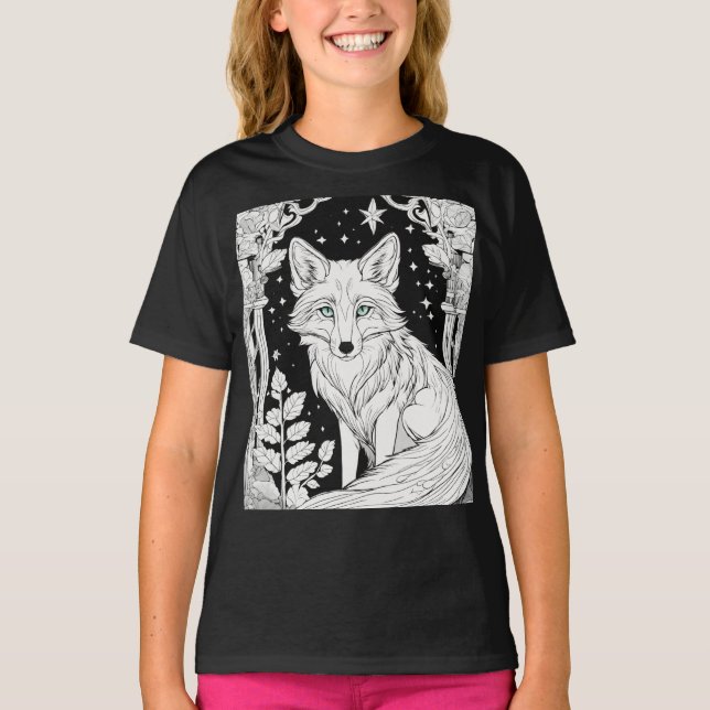 Aurora Fox Kids Coloring T-Shirt - Schwarzweißkart (Vorderseite)