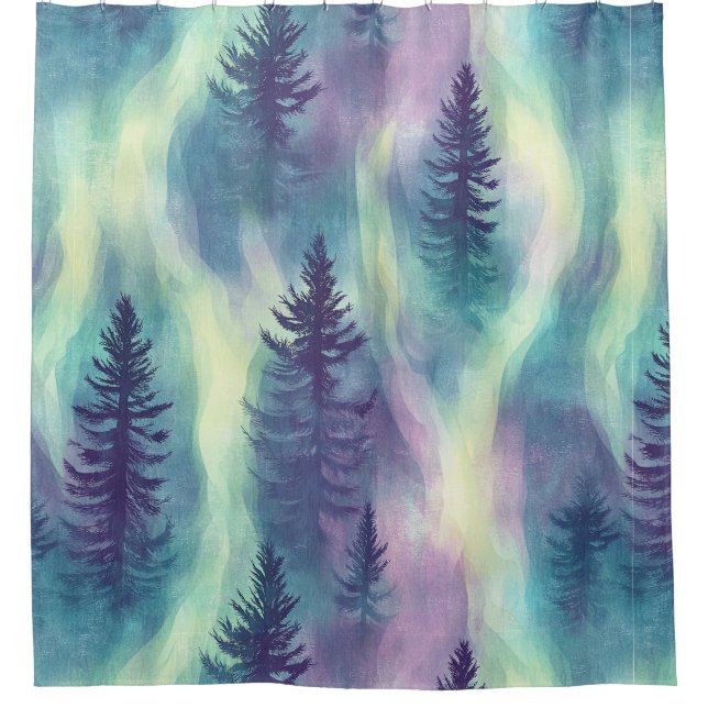 Aurora-Landschaft-Waldmuster Duschvorhang (Vorderseite)