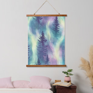Aurora-Landschaft-Waldmuster Wandteppich Mit Holzrahmen