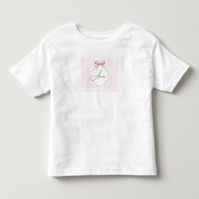 Aurora Personalisiert Pink Bow & Gingham Print Kleinkind T-shirt (Vorderseite)