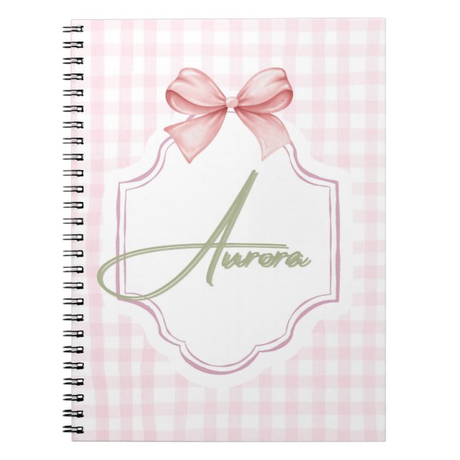 Aurora Personalisiert Pink Bow & Gingham Print Notizblock (Vorderseite)