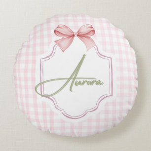 Aurora Personalisiert Pink Bow & Gingham Print Rundes Kissen