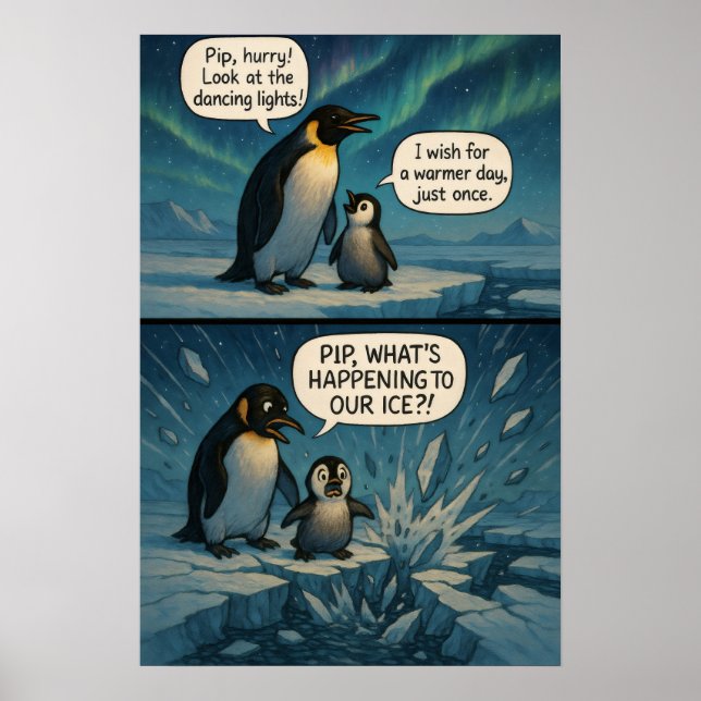 Aurora Pinguine Comic – Lustiger Klimawandel-Witz Poster (Vorne)