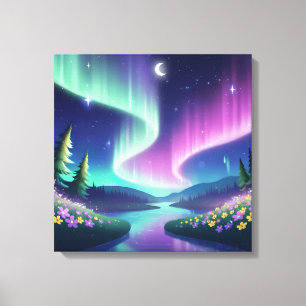 Aurora Träume: Fließender Fluss und Blumenfeld Leinwanddruck