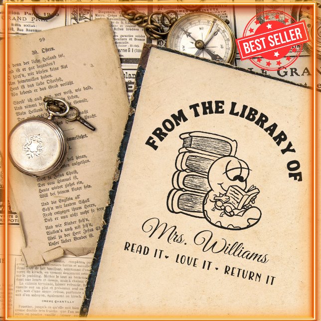 Aus der Bibliothek | Funny Book Worm Teacher Permastempel (Von Creator hochgeladen)