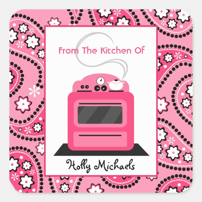 Aus der Küche von...Pink Paisley & Retro Stove Quadratischer Aufkleber (Vorderseite)