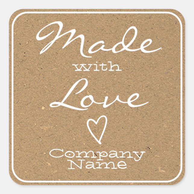 Aus Liebe Labels Kraft Papier Herzsymbol Quadratischer Aufkleber (Vorderseite)